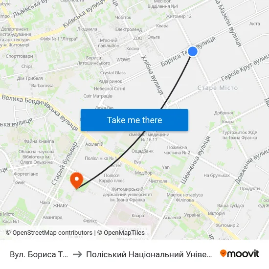 Вул. Бориса Тена to Поліський Національний Університет map