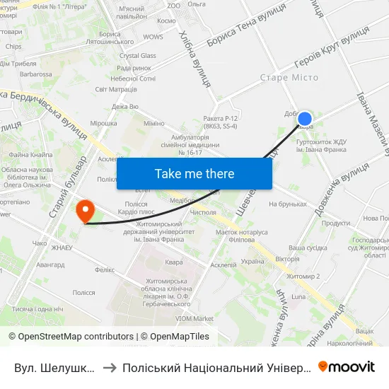 Вул. Шелушкова to Поліський Національний Університет map