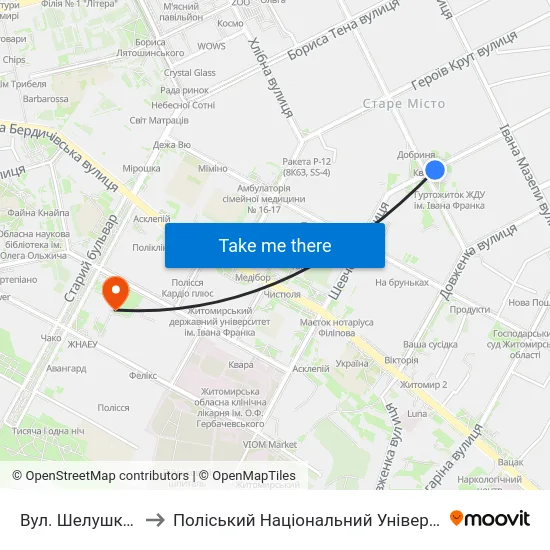 Вул. Шелушкова to Поліський Національний Університет map