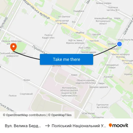 Вул. Велика Бердичівська to Поліський Національний Університет map
