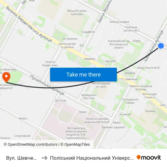 Вул. Шевченка to Поліський Національний Університет map