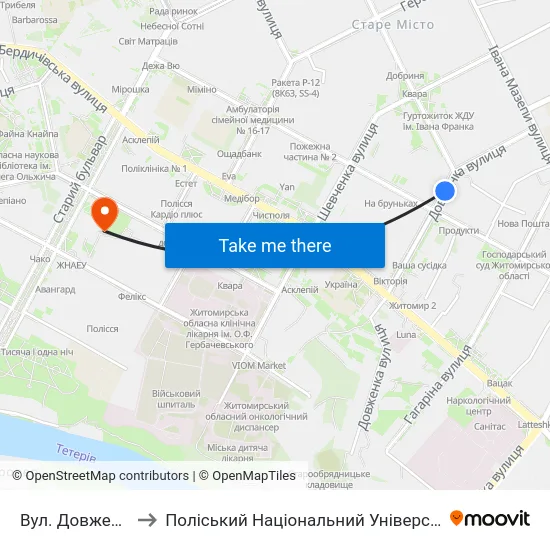 Вул. Довженка to Поліський Національний Університет map