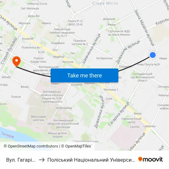 Вул. Гагаріна to Поліський Національний Університет map