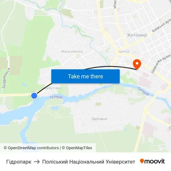 Гідропарк to Поліський Національний Університет map