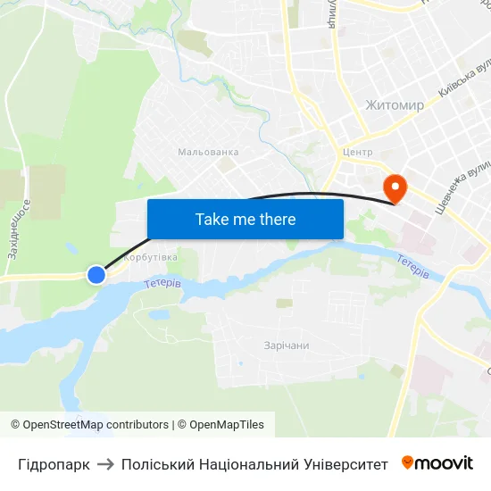 Гідропарк to Поліський Національний Університет map
