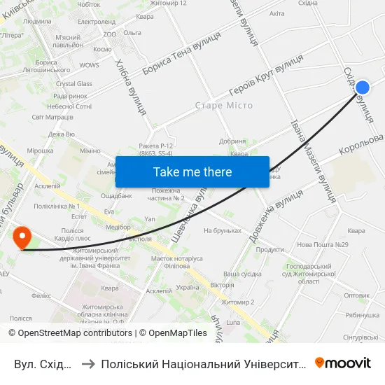 Вул. Східна to Поліський Національний Університет map