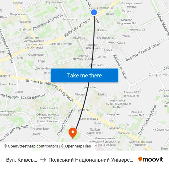 Вул. Київська to Поліський Національний Університет map