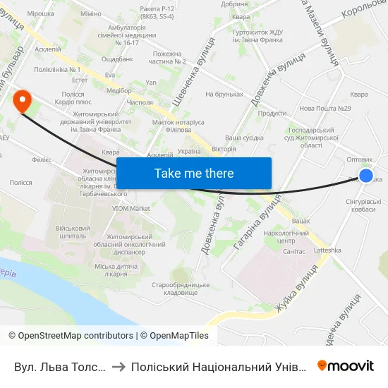 Вул. Льва Толстого to Поліський Національний Університет map