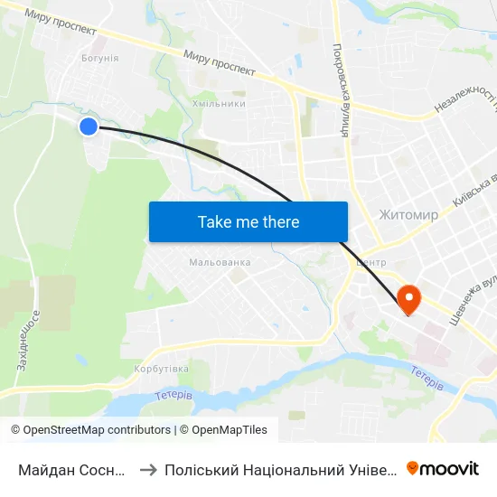 Майдан Сосновий to Поліський Національний Університет map