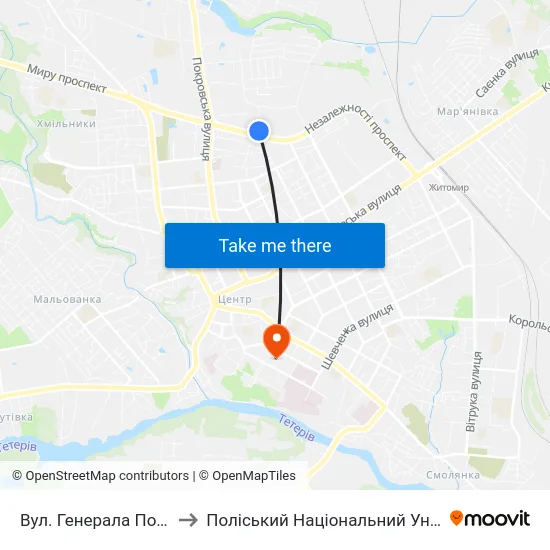 Вул. Генерала Потапова to Поліський Національний Університет map