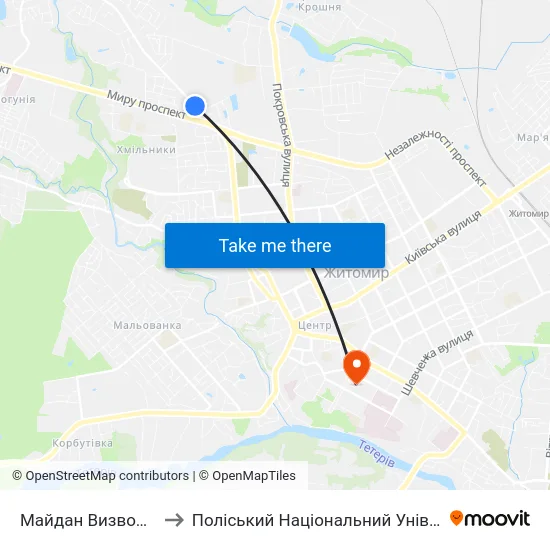 Майдан Визволення to Поліський Національний Університет map