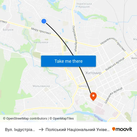 Вул. Індустріальна to Поліський Національний Університет map