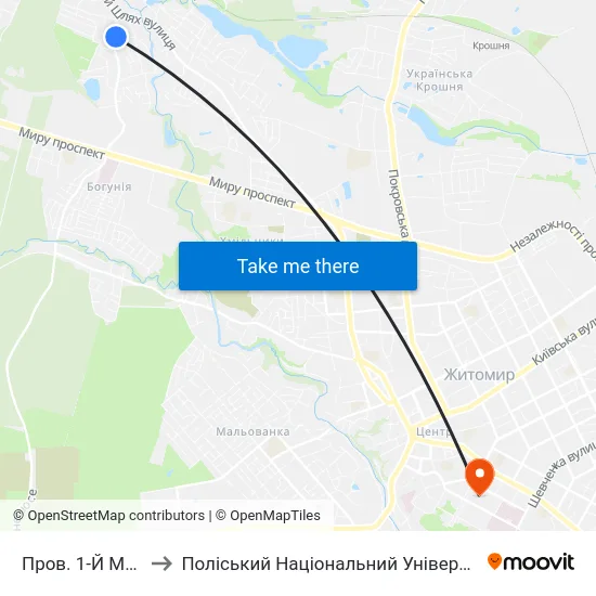 Пров. 1-Й Миру to Поліський Національний Університет map
