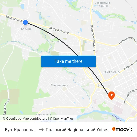 Вул. Красовського to Поліський Національний Університет map