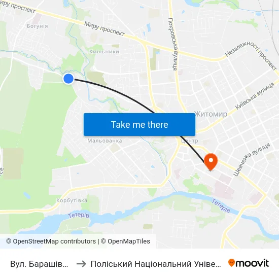 Вул. Барашівська to Поліський Національний Університет map