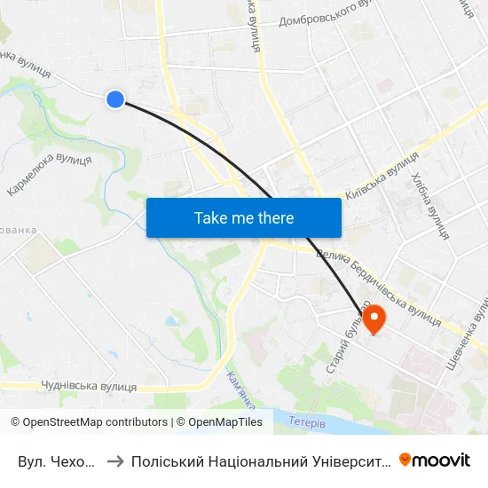 Вул. Чехова to Поліський Національний Університет map