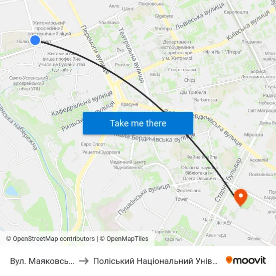 Вул. Маяковського to Поліський Національний Університет map
