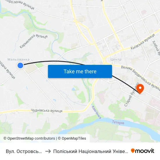 Вул. Островського to Поліський Національний Університет map