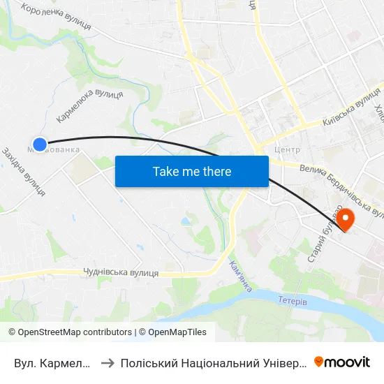 Вул. Кармелюка to Поліський Національний Університет map