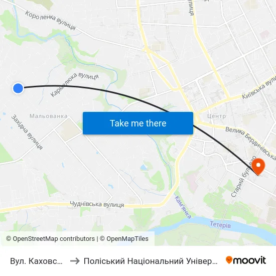 Вул. Каховська to Поліський Національний Університет map