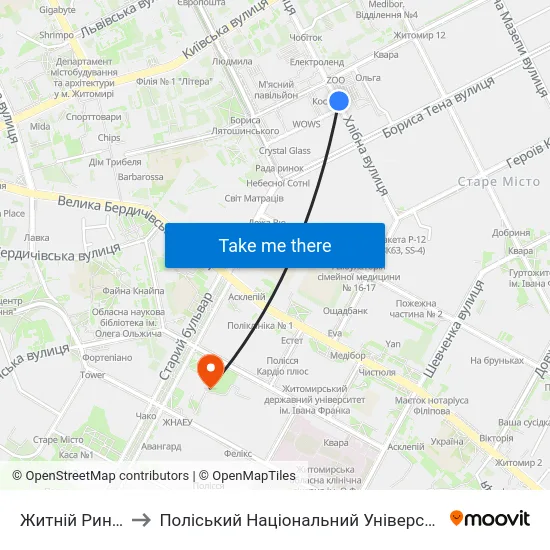 Житній Ринок to Поліський Національний Університет map