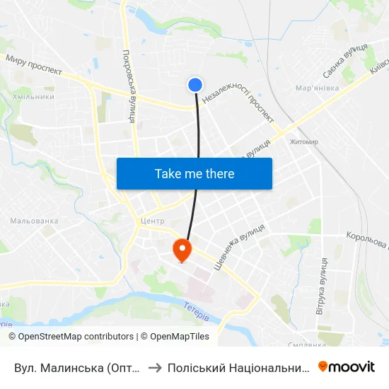 Вул. Малинська (Оптовий Ринок) to Поліський Національний Університет map