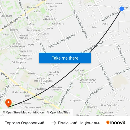 Торгово-Оздоровчий Центр Східний to Поліський Національний Університет map