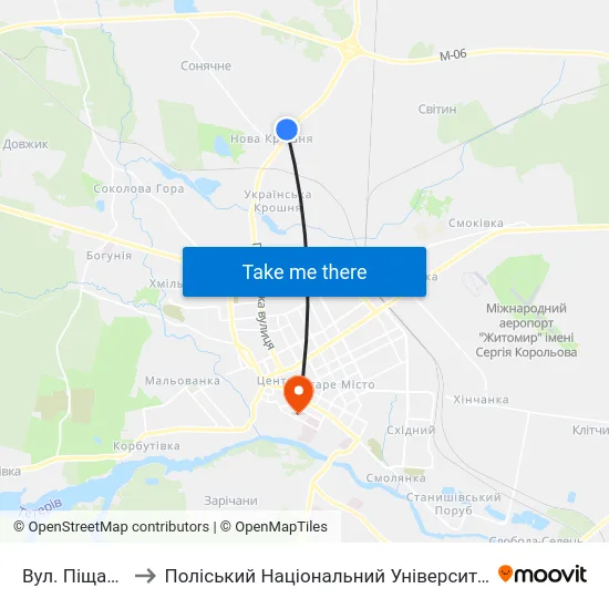 Вул. Піщана to Поліський Національний Університет map