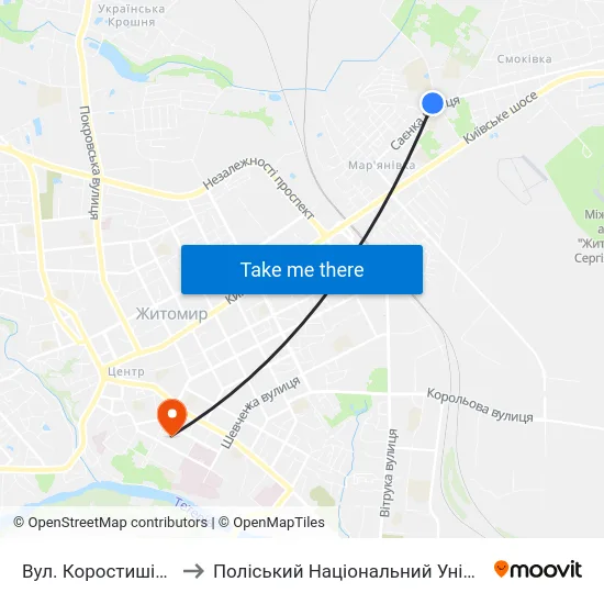 Вул. Коростишівська to Поліський Національний Університет map