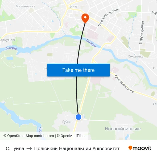 С. Гуйва to Поліський Національний Університет map