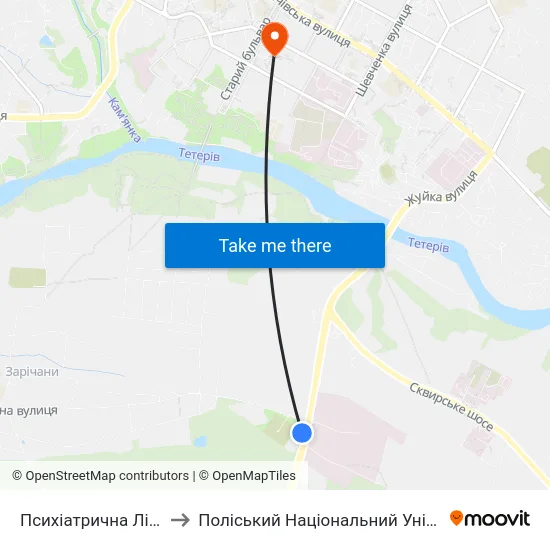 Психіатрична Лікарня to Поліський Національний Університет map