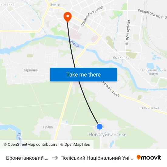 Бронетанковий Завод to Поліський Національний Університет map