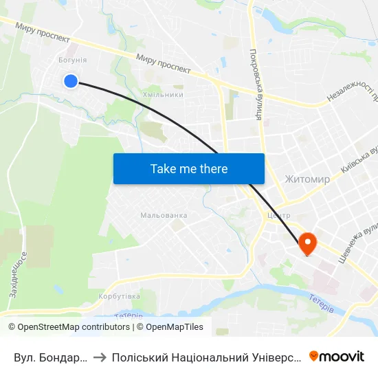Вул. Бондарна to Поліський Національний Університет map