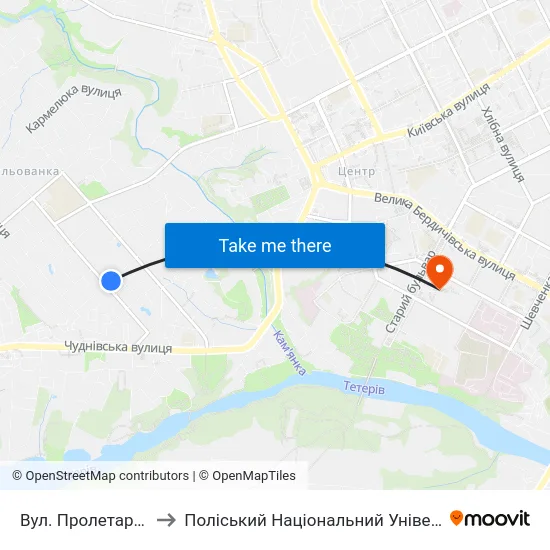 Вул. Пролетарська to Поліський Національний Університет map