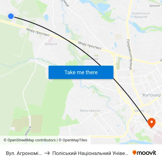 Вул. Агрономічна to Поліський Національний Університет map