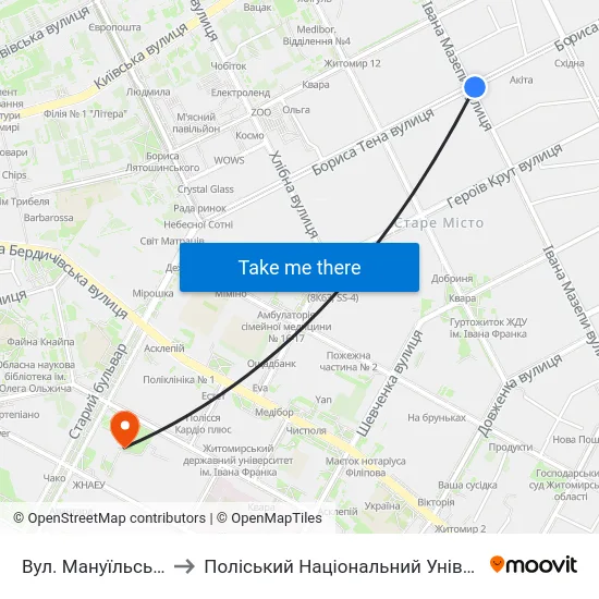 Вул. Мануїльського to Поліський Національний Університет map