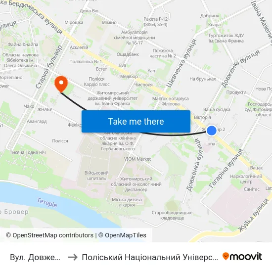 Вул. Довженка to Поліський Національний Університет map