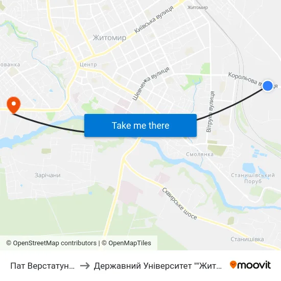 Пат Верстатуніверсалмаш to Державний Університет ""Житомирська Політехніка"" map