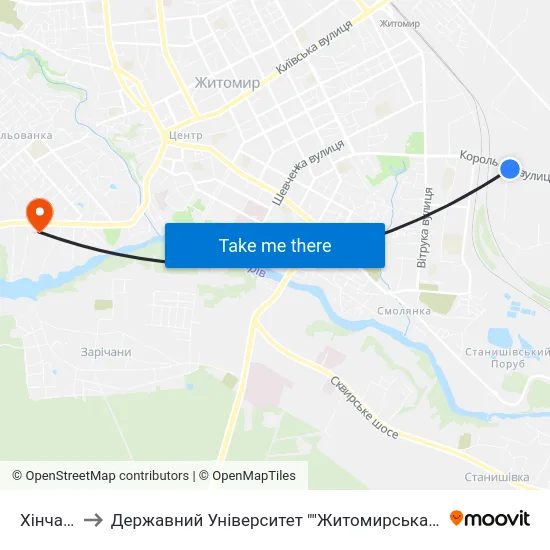 Хінчанка to Державний Університет ""Житомирська Політехніка"" map