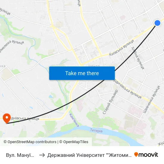 Вул. Мануїльського to Державний Університет ""Житомирська Політехніка"" map