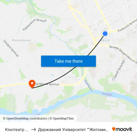 Кінотеатр Україна to Державний Університет ""Житомирська Політехніка"" map