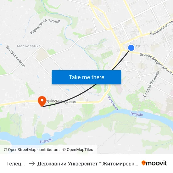 Телецентр to Державний Університет ""Житомирська Політехніка"" map