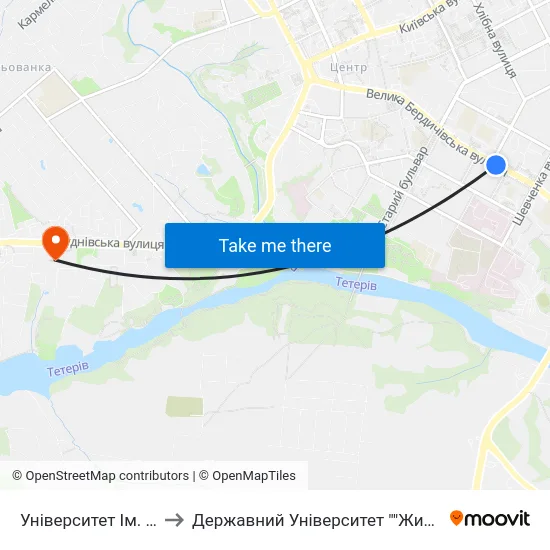 Університет Ім. Івана Франка to Державний Університет ""Житомирська Політехніка"" map