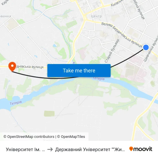 Університет Ім. Івана Франка to Державний Університет ""Житомирська Політехніка"" map