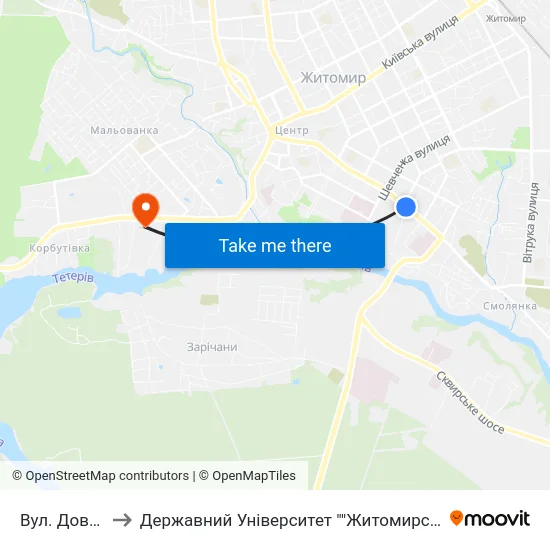 Вул. Довженка to Державний Університет ""Житомирська Політехніка"" map