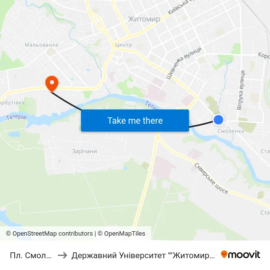 Пл. Смолянська to Державний Університет ""Житомирська Політехніка"" map