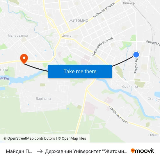 Майдан Польовий to Державний Університет ""Житомирська Політехніка"" map