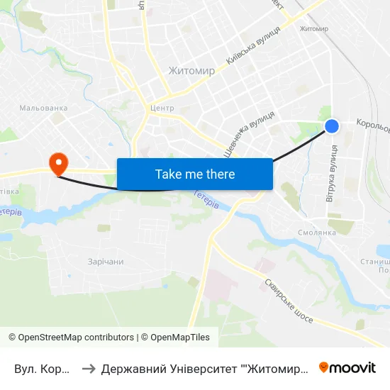 Вул. Корольова to Державний Університет ""Житомирська Політехніка"" map