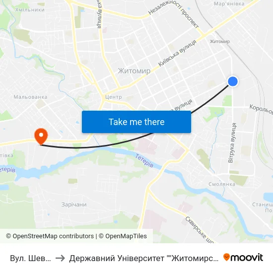 Вул. Шевченка to Державний Університет ""Житомирська Політехніка"" map
