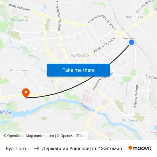 Вул. Гоголівська to Державний Університет ""Житомирська Політехніка"" map